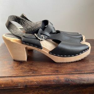 Lotta’s Wood Clogs, Black Leather, T-Strap, Peep Toe, 2.5 inch heel, size 38